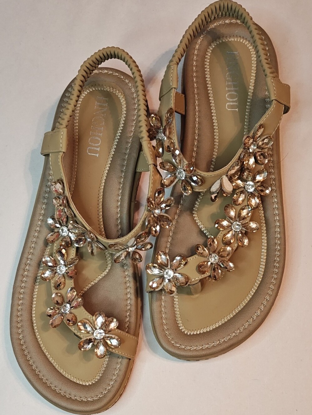 Jeweled Floral T-Strap Sandals in Beige - Women